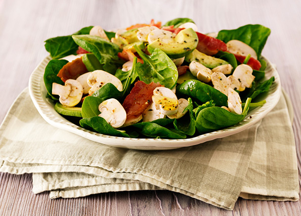 Spinach, Mushroom, Avocado and Bacon Salad