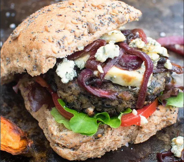 Blue Cheese Mushroom Burger with Caramelised Red Onions